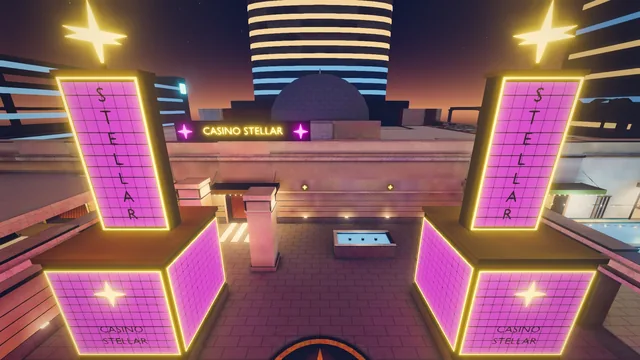 Wallpaper: the Casino Stellar marquee plaza at night.