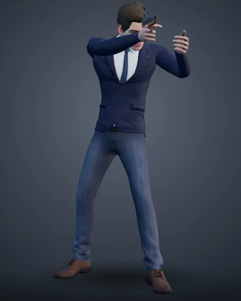Joe: navy business suit, white shirt and tie, aiming a pistol.