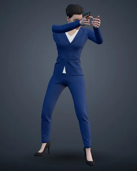 Louise: royal-blue business suit and heels, aiming a pistol.