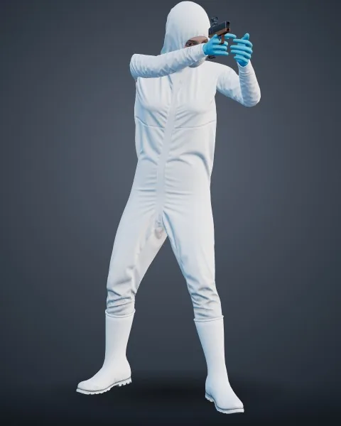 Olivia: white hooded coveralls, boots and blue gloves, aiming a pistol.
