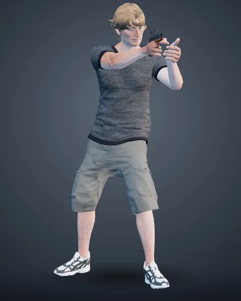 Remy: gray T-shirt, cargo shorts and sneakers, aiming a pistol.