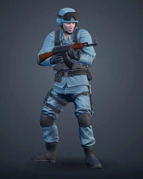 Swat: helmet, goggles, light-blue tactical uniform and knee pads, holding a rifle.