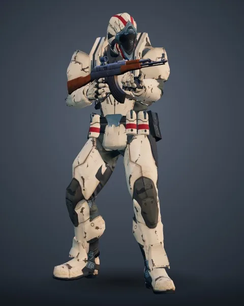 Vanguard: full sand-colored armor and a visored helmet, holding a rifle.