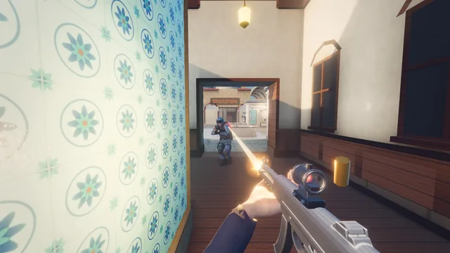 Close-quarters fire through a tiled bazaar doorway at an operator in the next room.