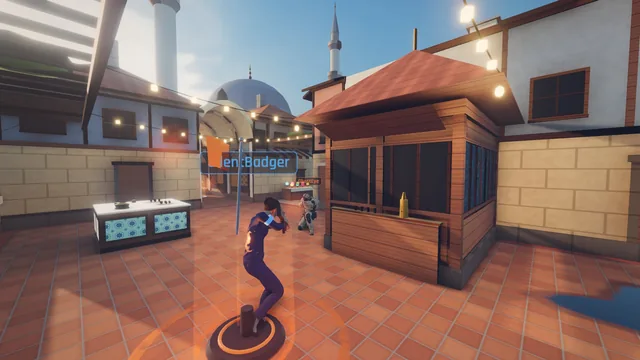 A suited operator grabs the RAVEN flag on a terrace in Lantern Quarter while an enemy closes in.