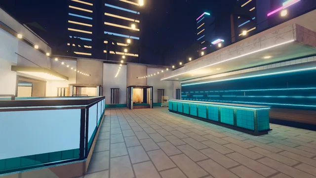 Casino Stellar's pool deck at night: the raised pool on the left, cabanas under string lights ahead and the pool bar's neon back bar on the right, with lit towers behind.