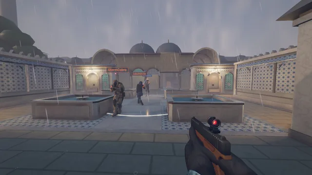 Three operators fight inside the marked hill zone between the fountain court's stone pools in the rain, seen past a pistol in the foreground.