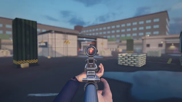 Aiming down the red-dot sight of a carbine across an open lane on Blacksite.