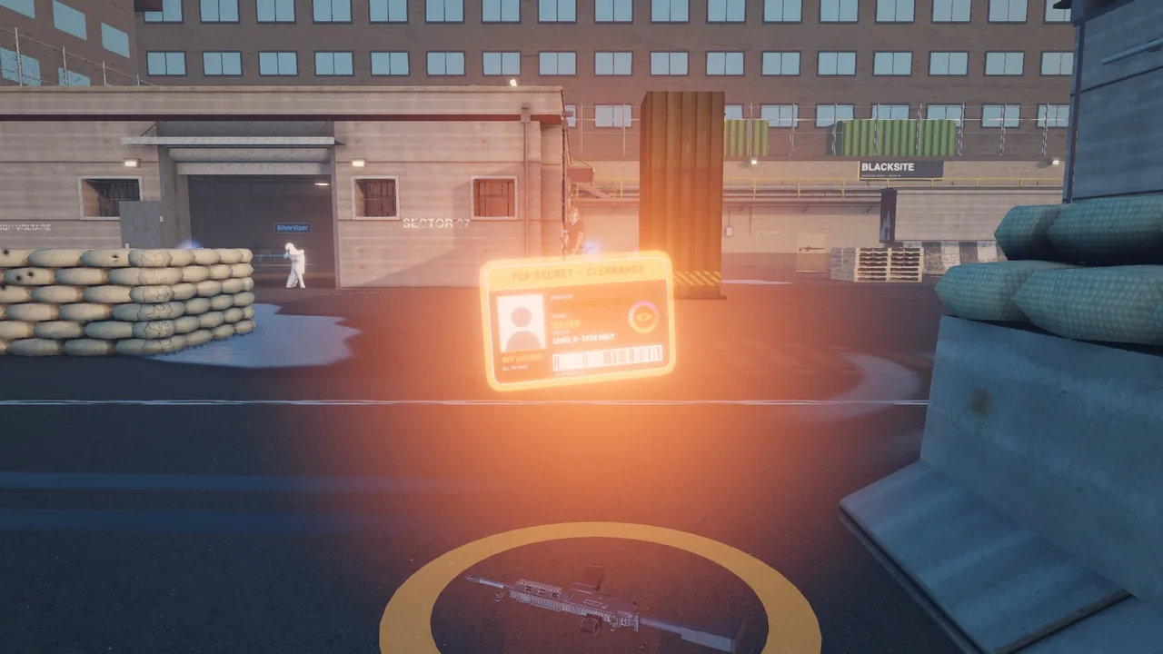 A glowing RAVEN Spy License ID card floats above a ring on the ground on Blacksite, beside the rifle its owner dropped.