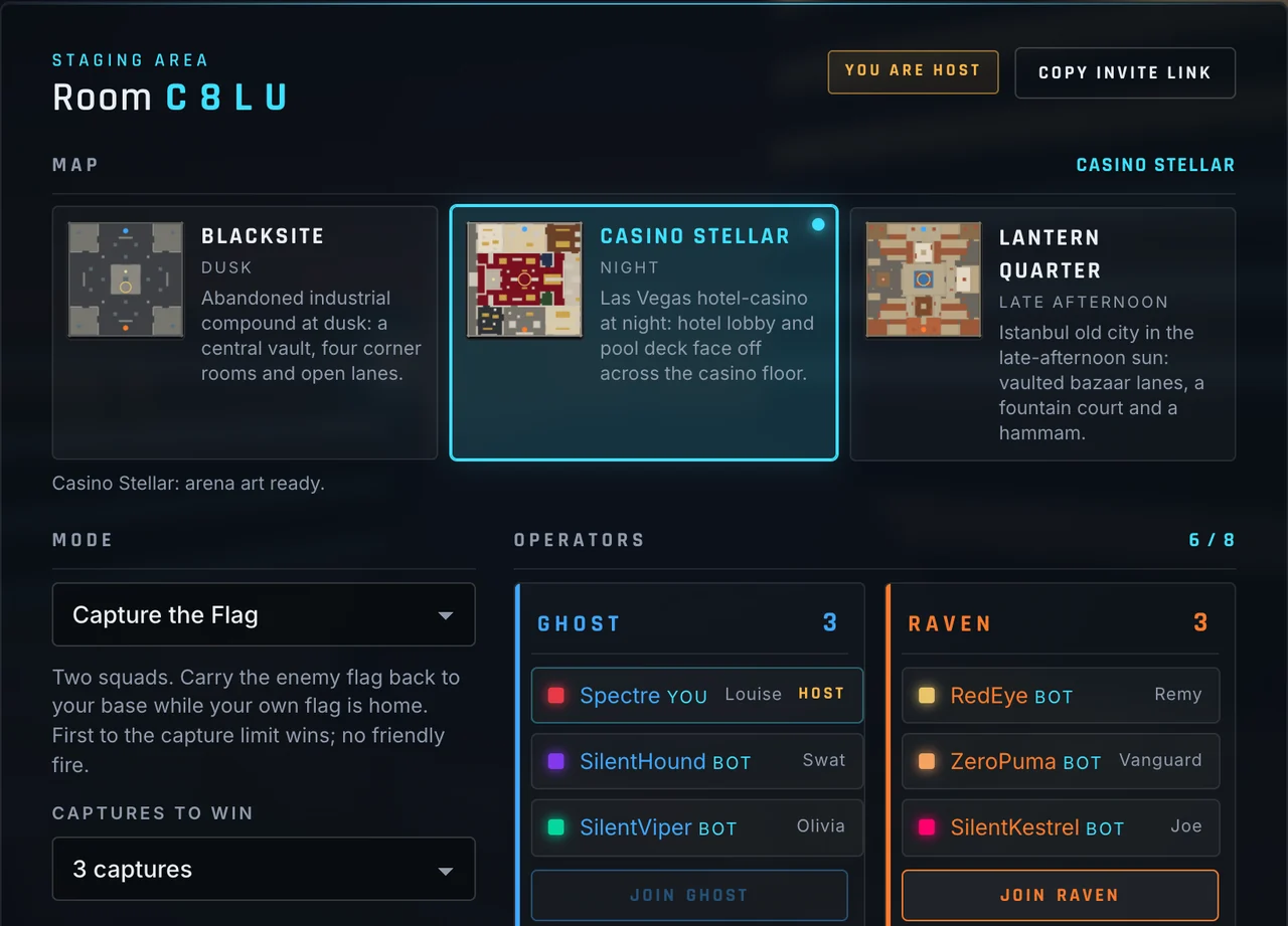 The game's staging area for room C8LU: the three map cards with Casino Stellar picked, Capture the Flag with 3 captures to win and bots filling to 6 operators, and three operators on each squad, GHOST and RAVEN.