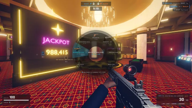 The weapon wheel open on the casino floor, showing each carried gun with its picture and ammo around the crosshair.