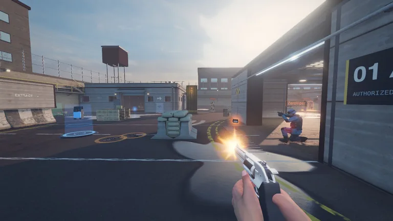 First-person view firing a silver revolver at a RAVEN operator kneeling in Blacksite's vault doorway, with Spy License holograms floating in the lane.