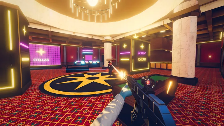 Wallpaper: a firefight on the casino floor under the great chandelier.