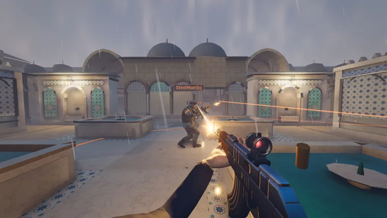Wallpaper: a firefight across the fountain court of Lantern Quarter in the rain.